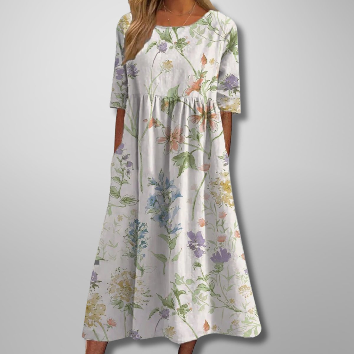Women's Relaxed Fit Midi Floral Dress Half-Sleeve Swing - White