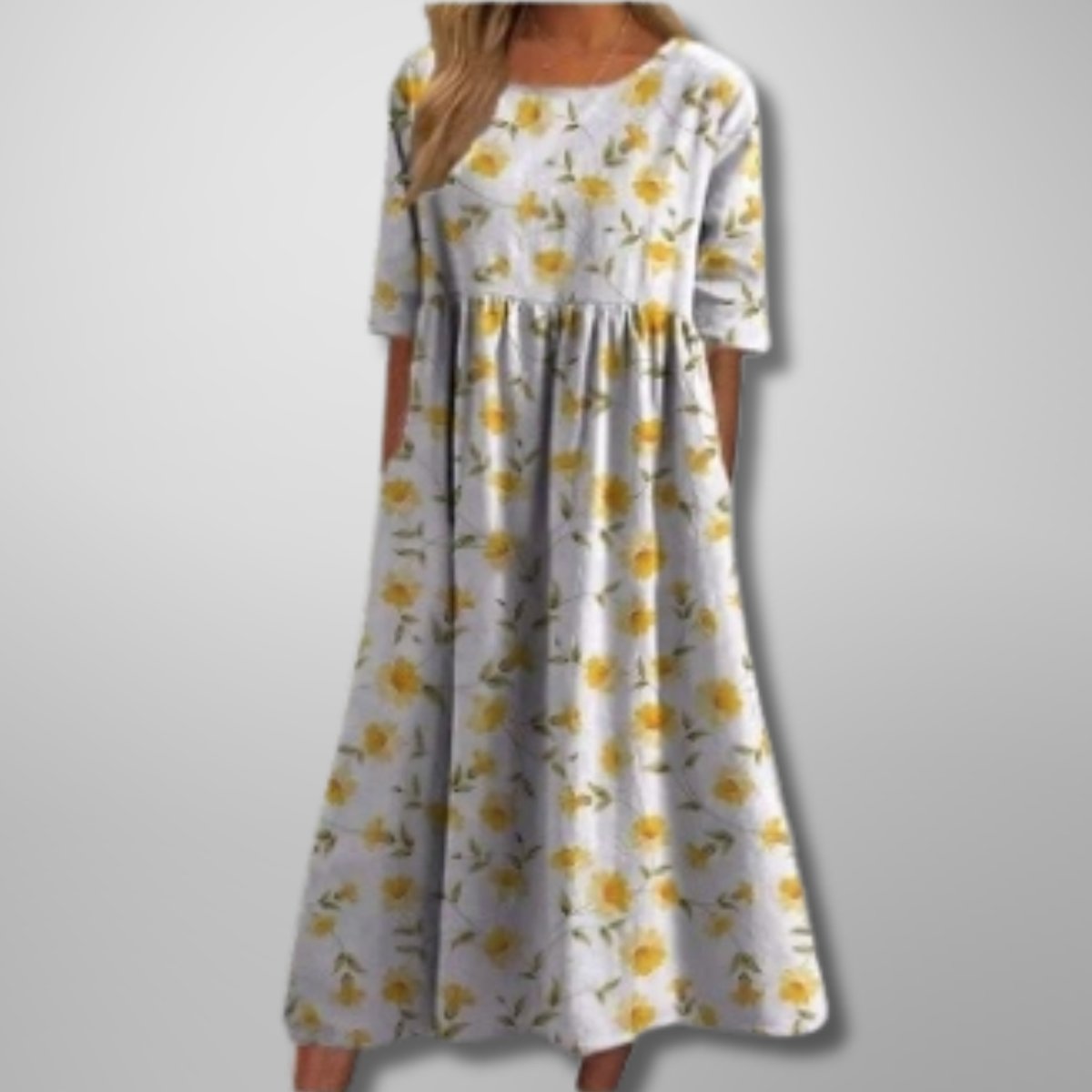 Women's Relaxed Fit Midi Floral Dress Half-Sleeve Swing - Light Yellow