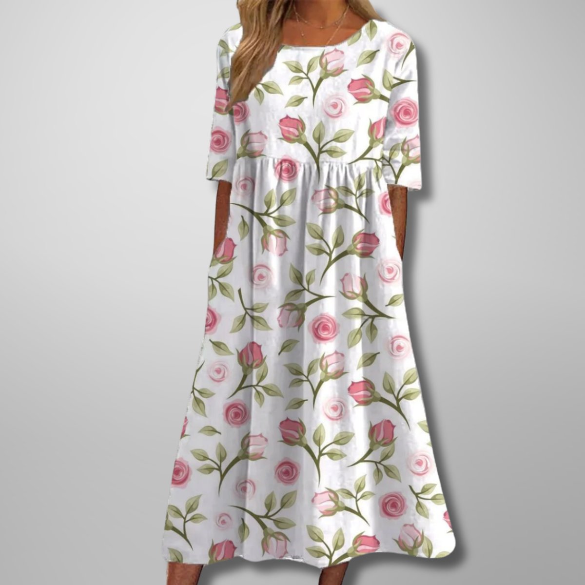 Women's Relaxed Fit Midi Floral Dress Half-Sleeve Swing - White Pink (Almost sold out)