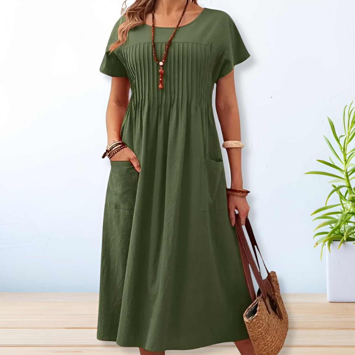 Women's Relaxed-Fit Pleated Short-Sleeve Midi Maxi Dress Pockets - Green