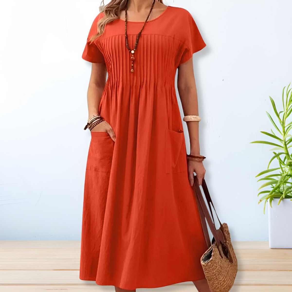 Women's Relaxed-Fit Pleated Short-Sleeve Midi Maxi Dress Pockets - Orange