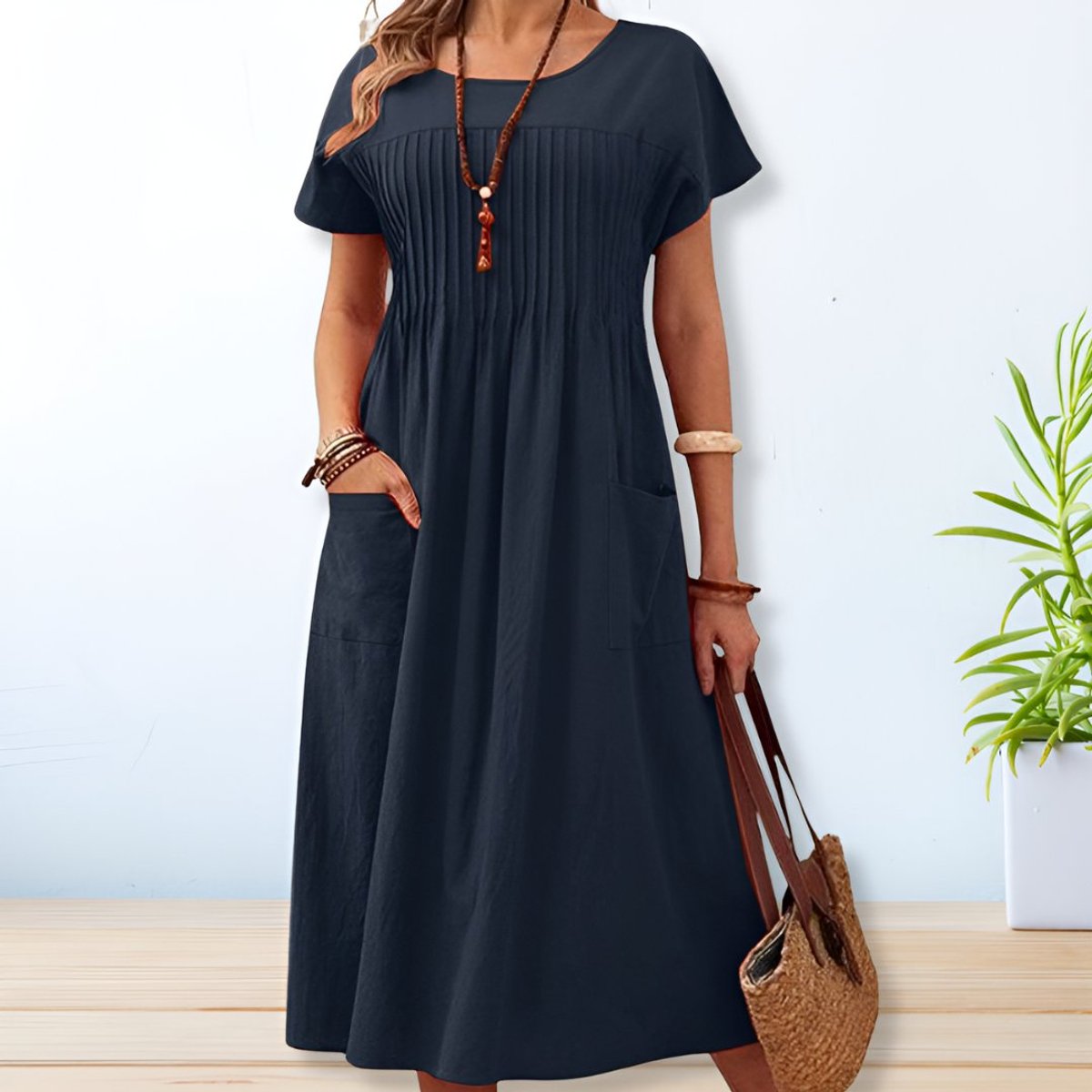Women's Relaxed-Fit Pleated Short-Sleeve Midi Maxi Dress Pockets - Blue