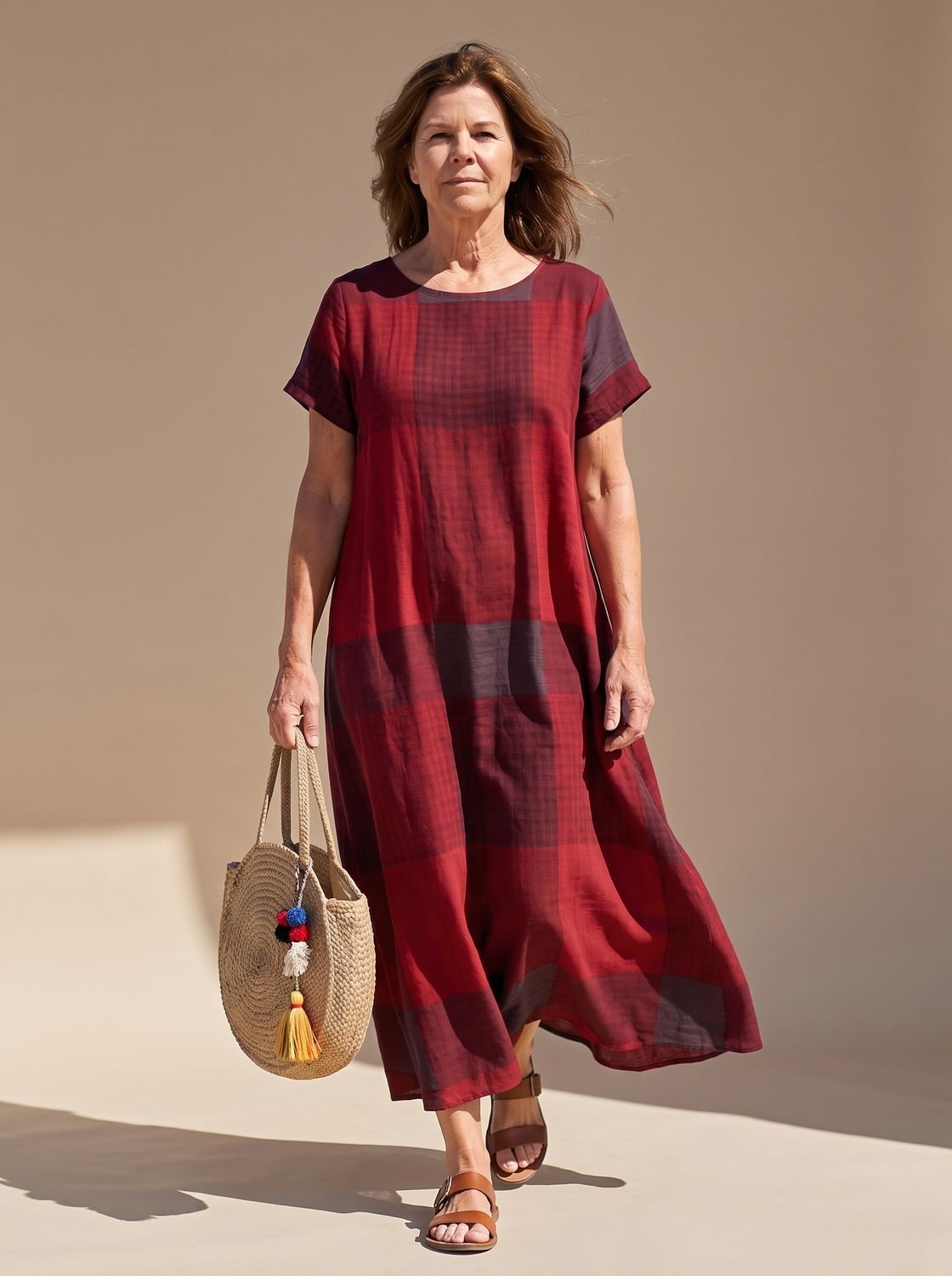 Women's Relaxed-Fit Short-Sleeve Plaid Midi Dress - Burgundy