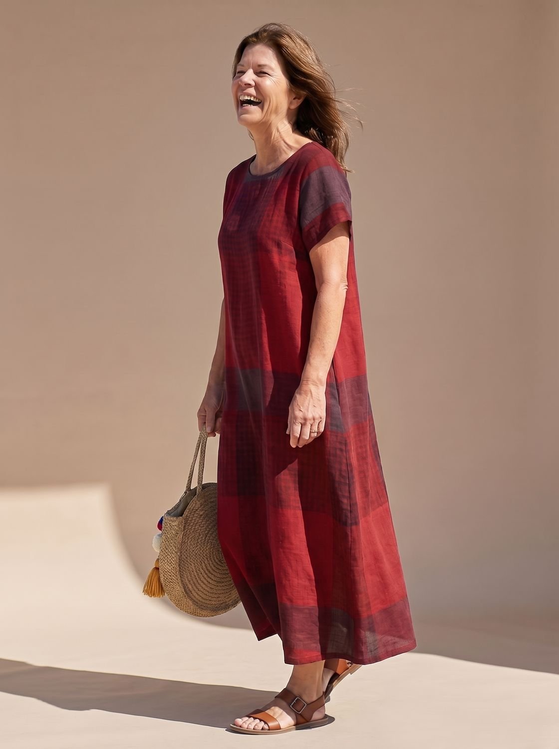 Women's Relaxed-Fit Short-Sleeve Plaid Midi Dress