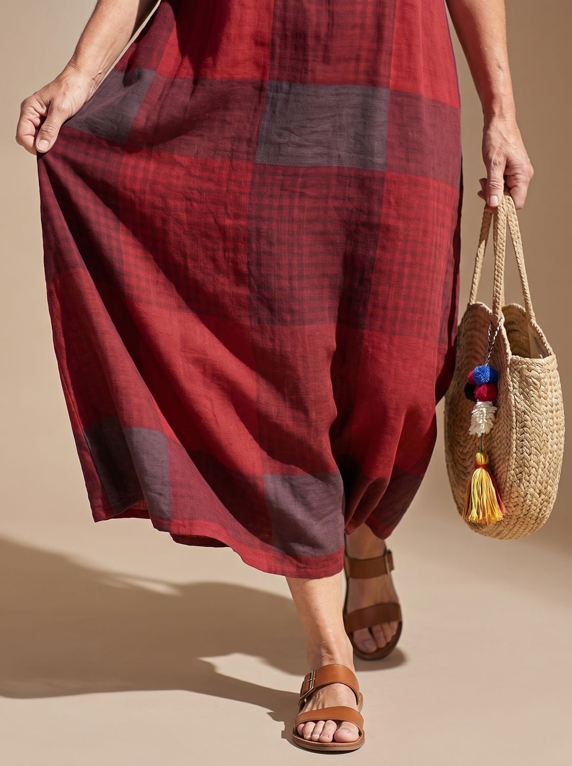 Women's Relaxed-Fit Short-Sleeve Plaid Midi Dress