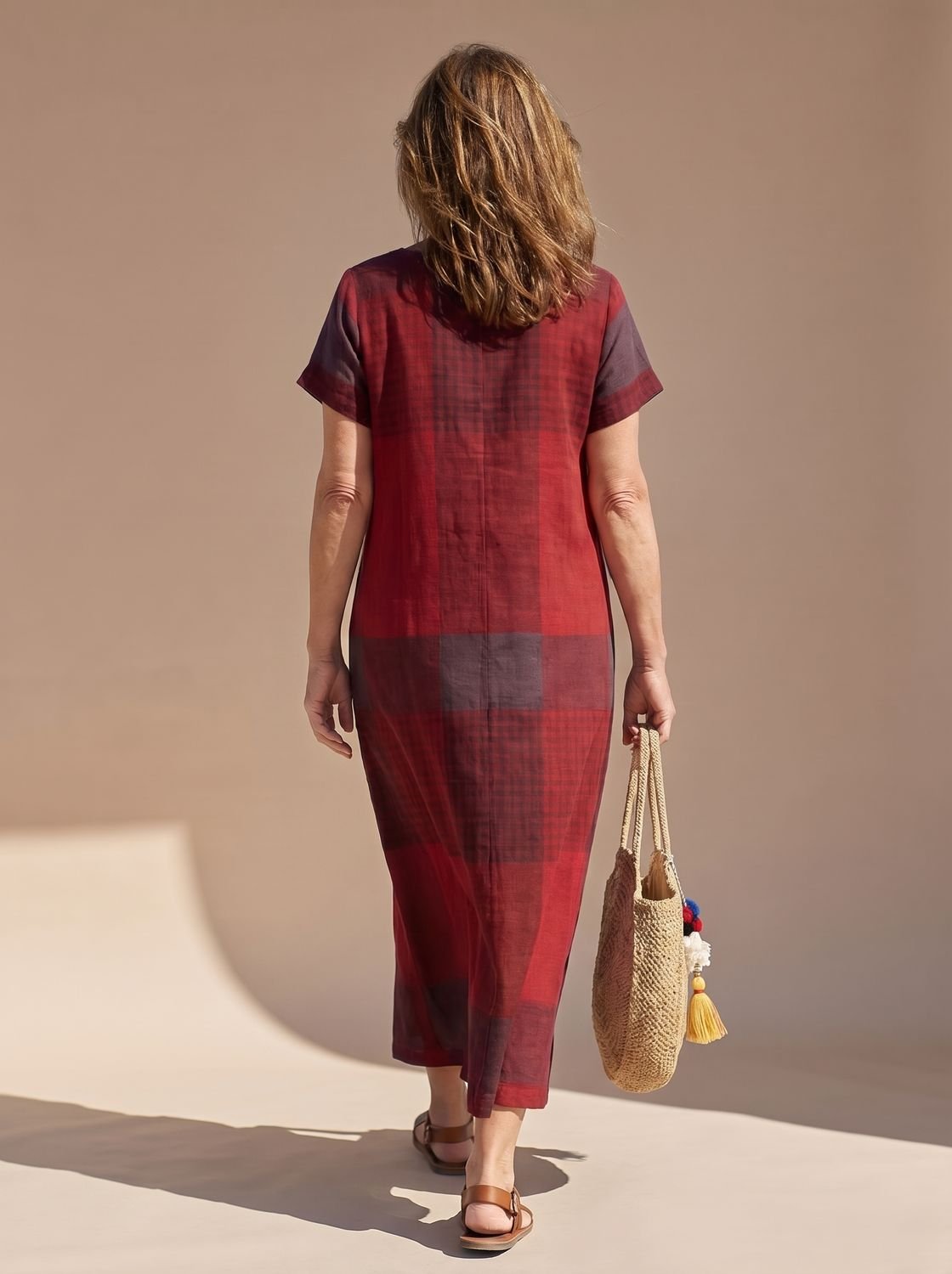 Women's Relaxed-Fit Short-Sleeve Plaid Midi Dress