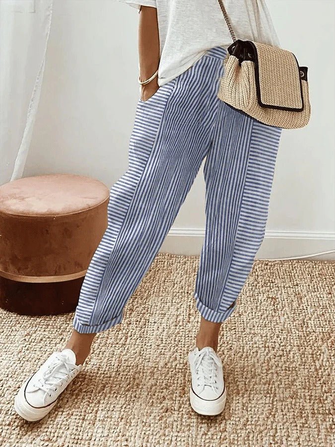 Women's Relaxed-Fit Striped Linen Trousers Elasticated-Waist Tapered-Leg - Blue