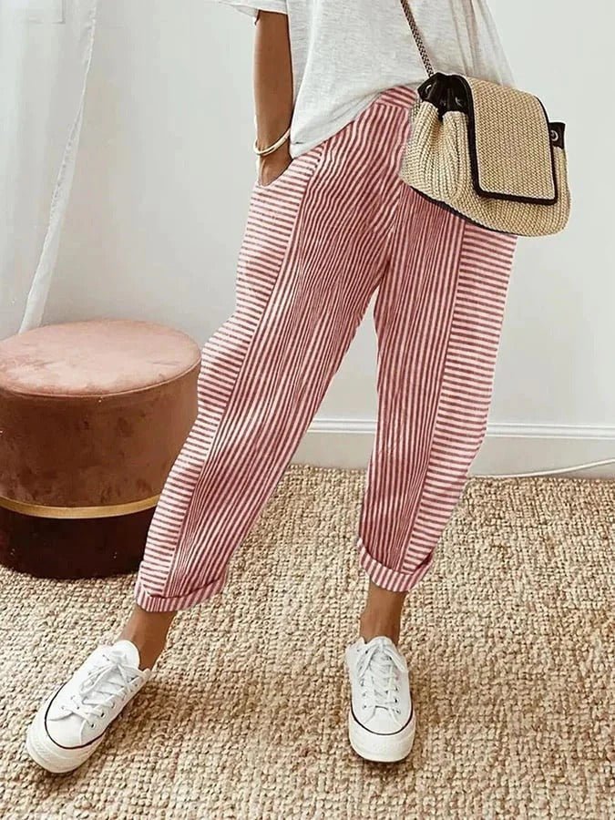 Women's Relaxed-Fit Striped Linen Trousers Elasticated-Waist Tapered-Leg - Red