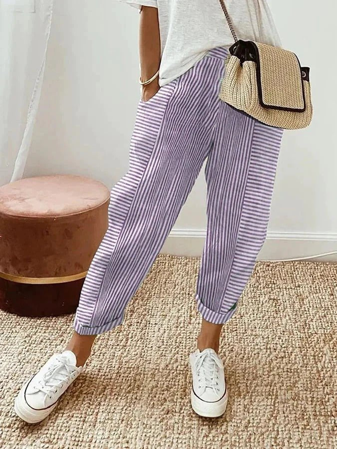 Women's Relaxed-Fit Striped Linen Trousers Elasticated-Waist Tapered-Leg - Purple