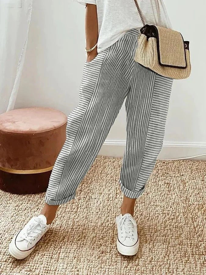 Women's Relaxed-Fit Striped Linen Trousers Elasticated-Waist Tapered-Leg - Gray