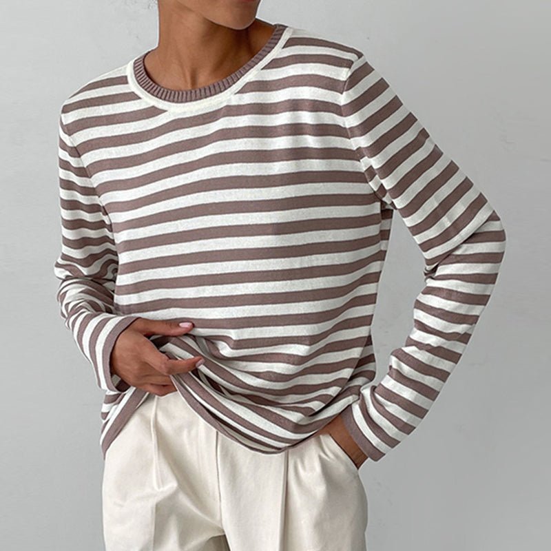 Women's Relaxed-Fit Striped Long-Sleeve Pullover - Brown