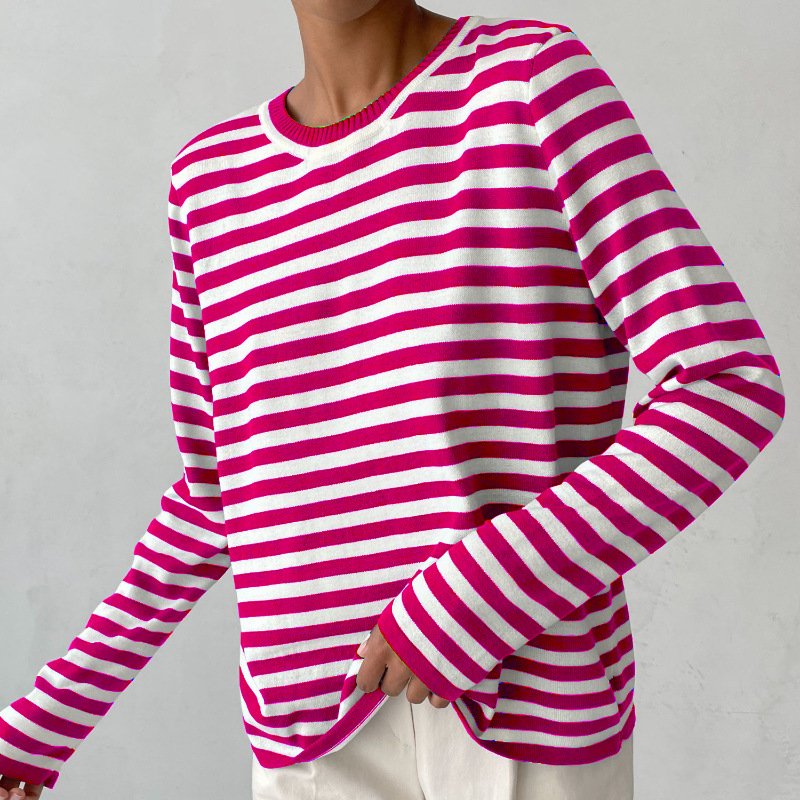 Women's Relaxed-Fit Striped Long-Sleeve Pullover - Pink
