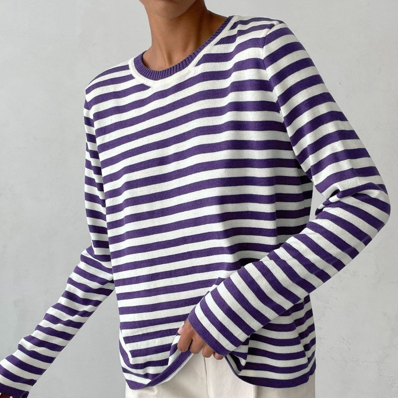Women's Relaxed-Fit Striped Long-Sleeve Pullover - Purple