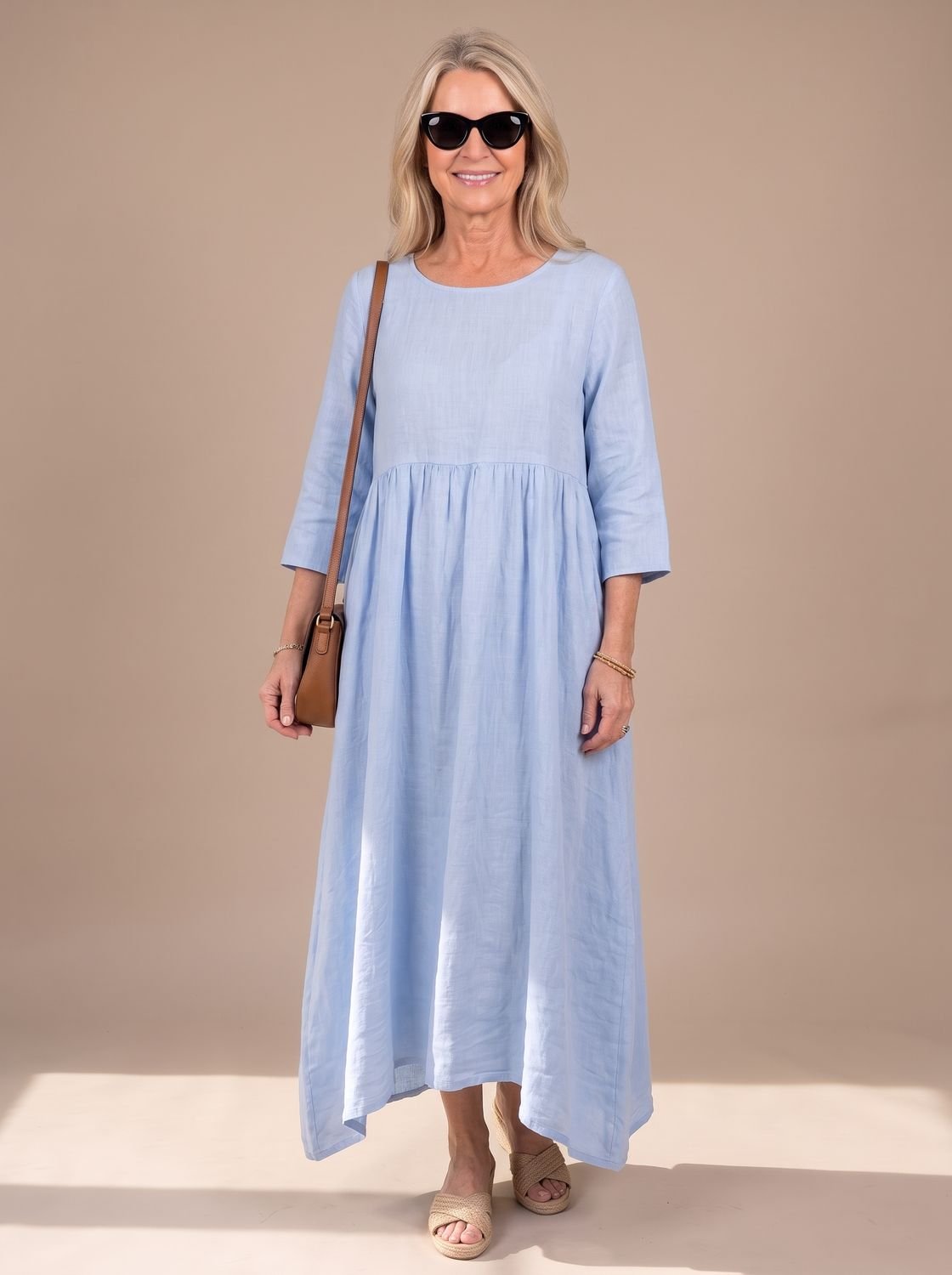 Women's Relaxed-Fit Three Quarter Sleeve Gathered Midi Dress