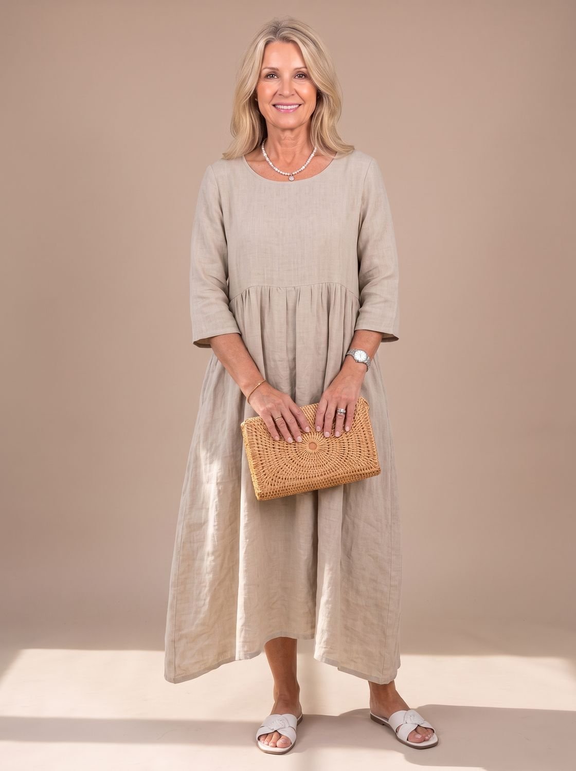 Women's Relaxed-Fit Three Quarter Sleeve Gathered Midi Dress
