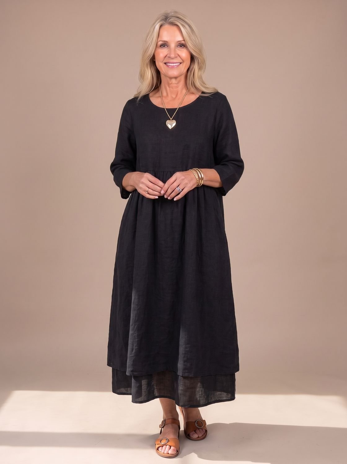 Women's Relaxed-Fit Three Quarter Sleeve Gathered Midi Dress - Black