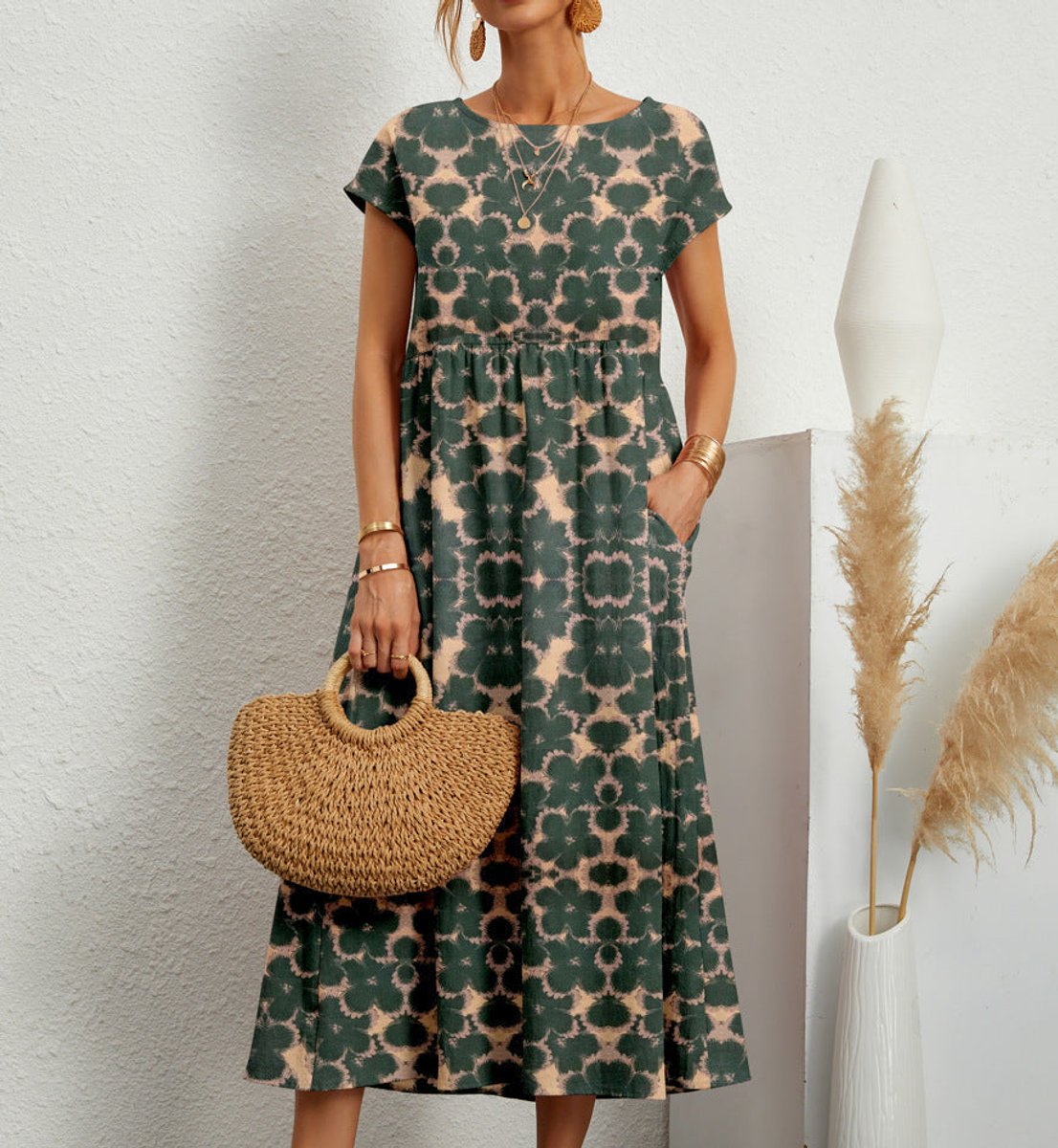 Women's Relaxed-Fit Tie-Dye Floral Dress Midi Pockets - Dark green