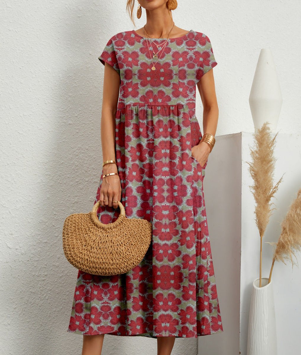 Women's Relaxed-Fit Tie-Dye Floral Dress Midi Pockets - Red