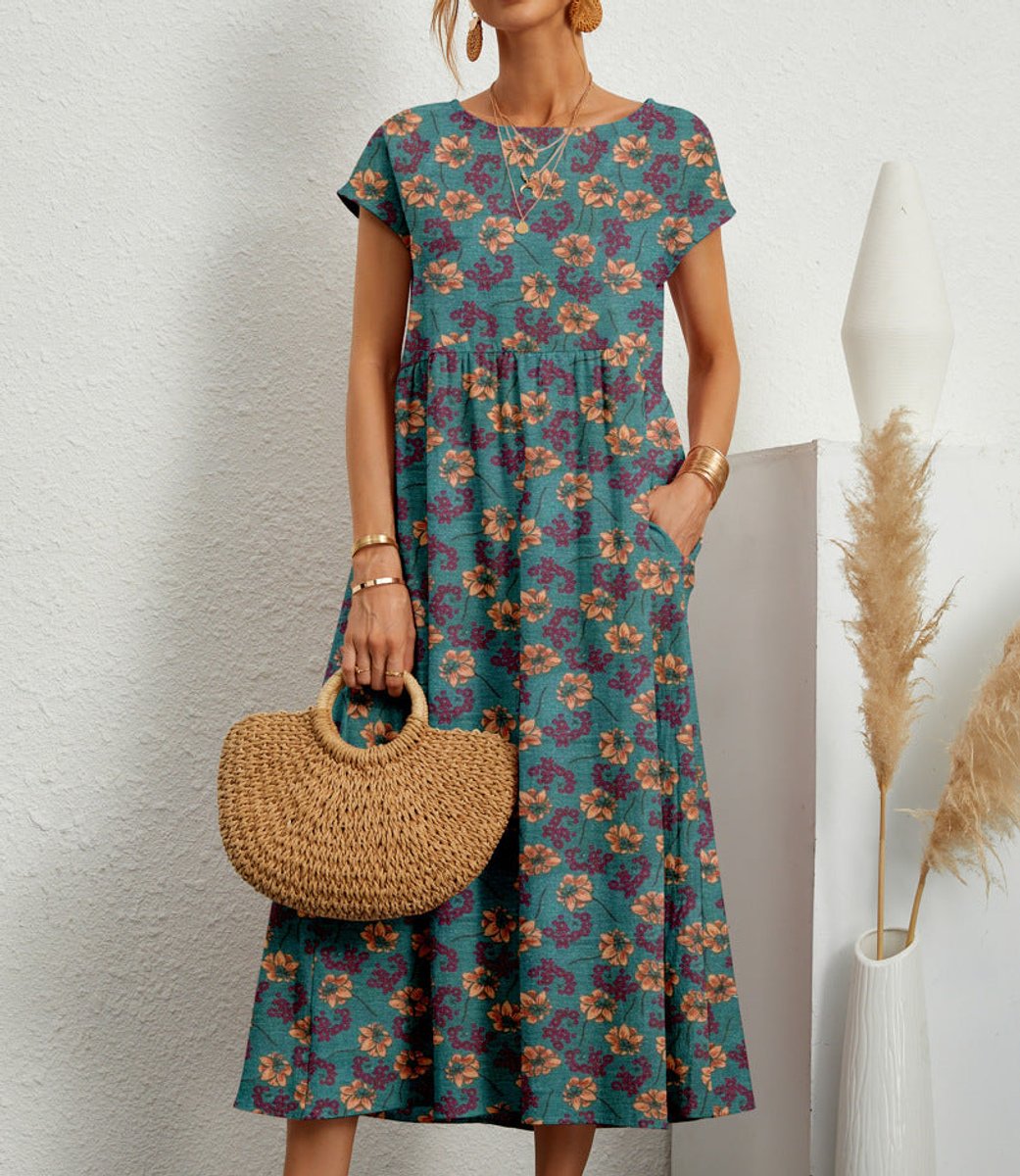 Women's Relaxed-Fit Tie-Dye Floral Dress Midi Pockets - Green