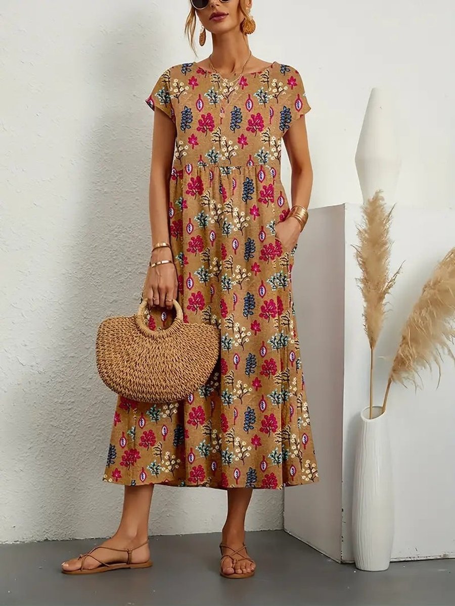 Women's Relaxed-Fit Tie-Dye Floral Dress Midi Pockets - Khaki