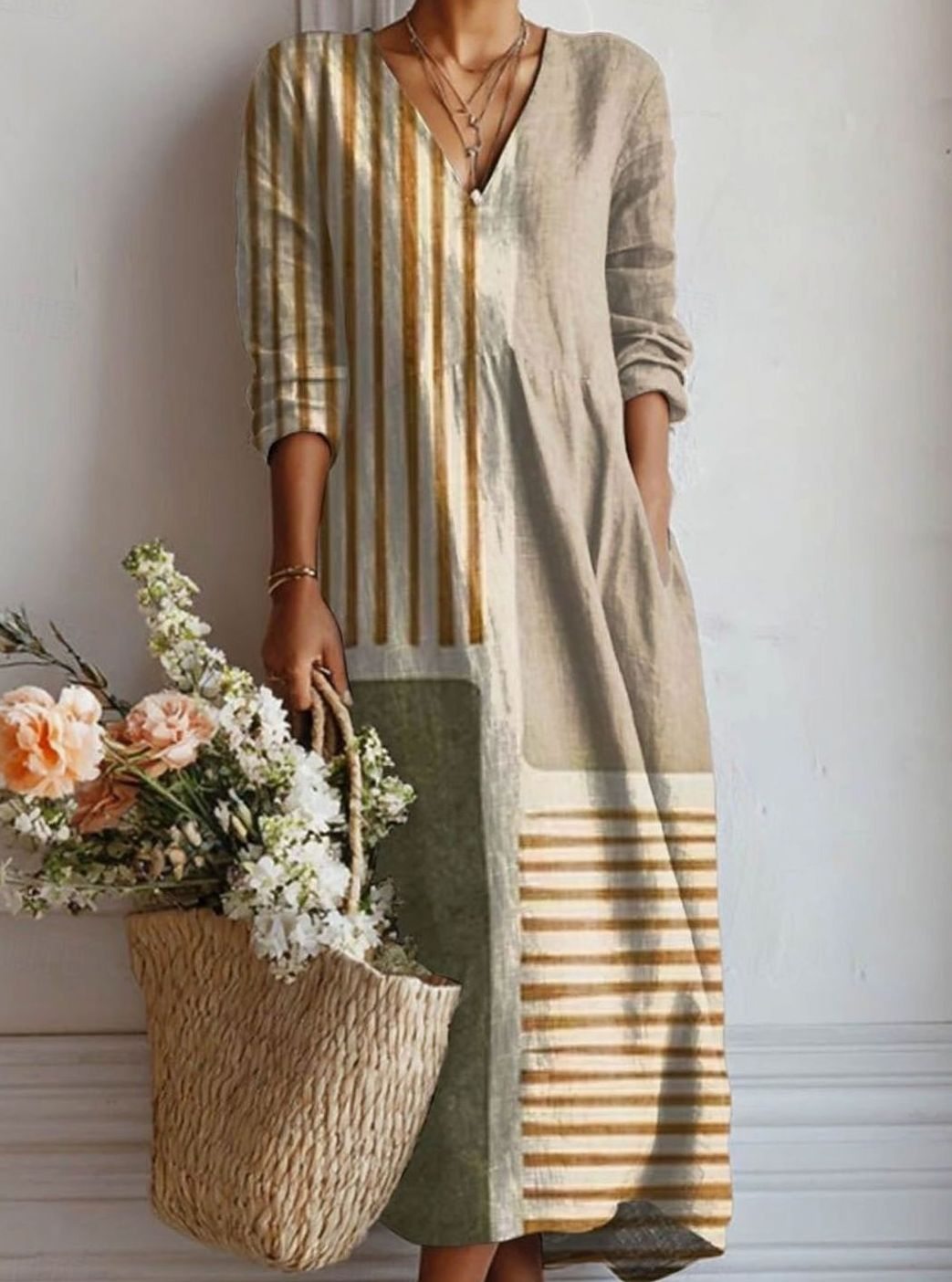 Women's Relaxed-Fit V-Neck Colour-Block Striped Maxi Day Dress - Multicolor