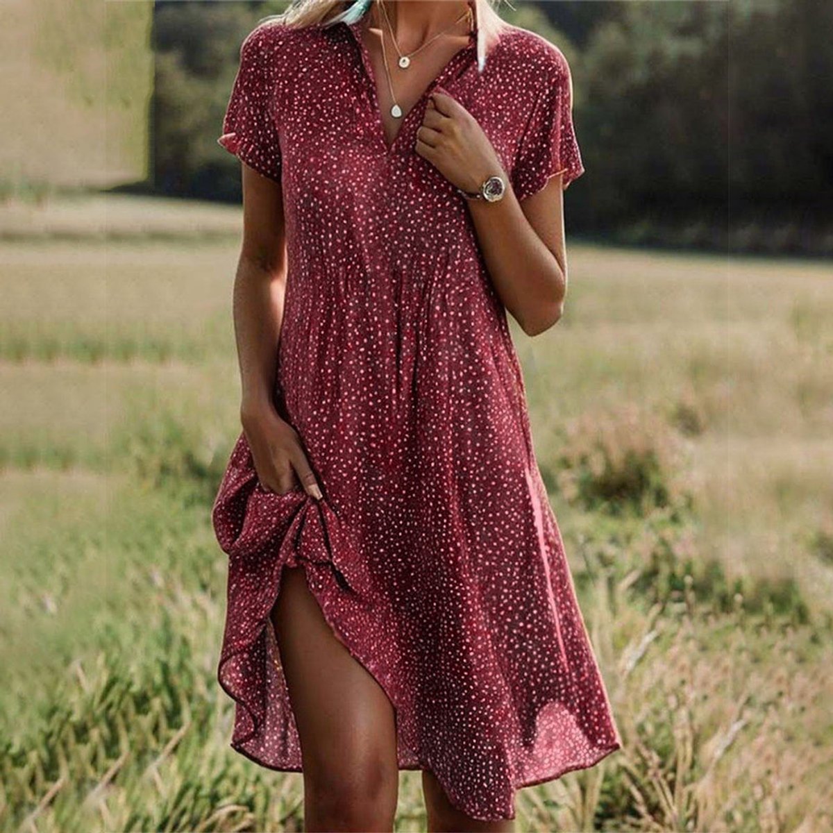 Women's Relaxed-Fit V-Neck Floral Summer Dress Midi Length - Red
