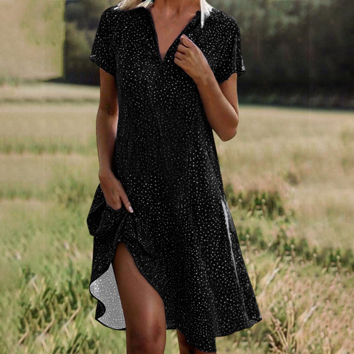 Women's Relaxed-Fit V-Neck Floral Summer Dress Midi Length - Black