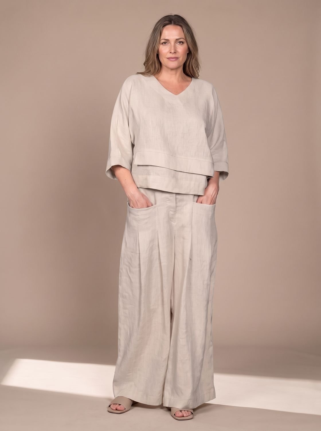 Women's Relaxed-Fit V-Neck Wide-Leg Two-Piece Set - Apricot