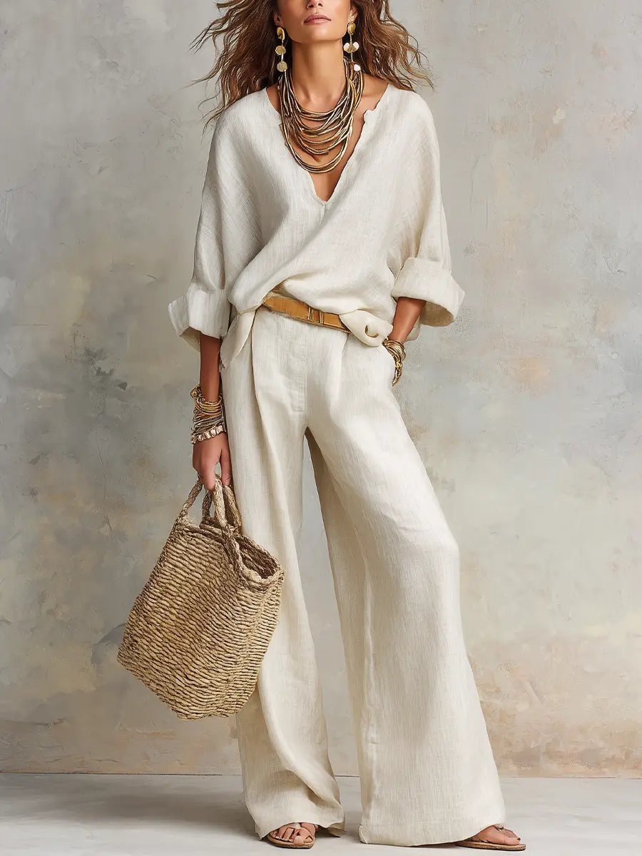 Women's Relaxed Linen-Look Wide Leg Pants V-Neck Two-Piece Set - White