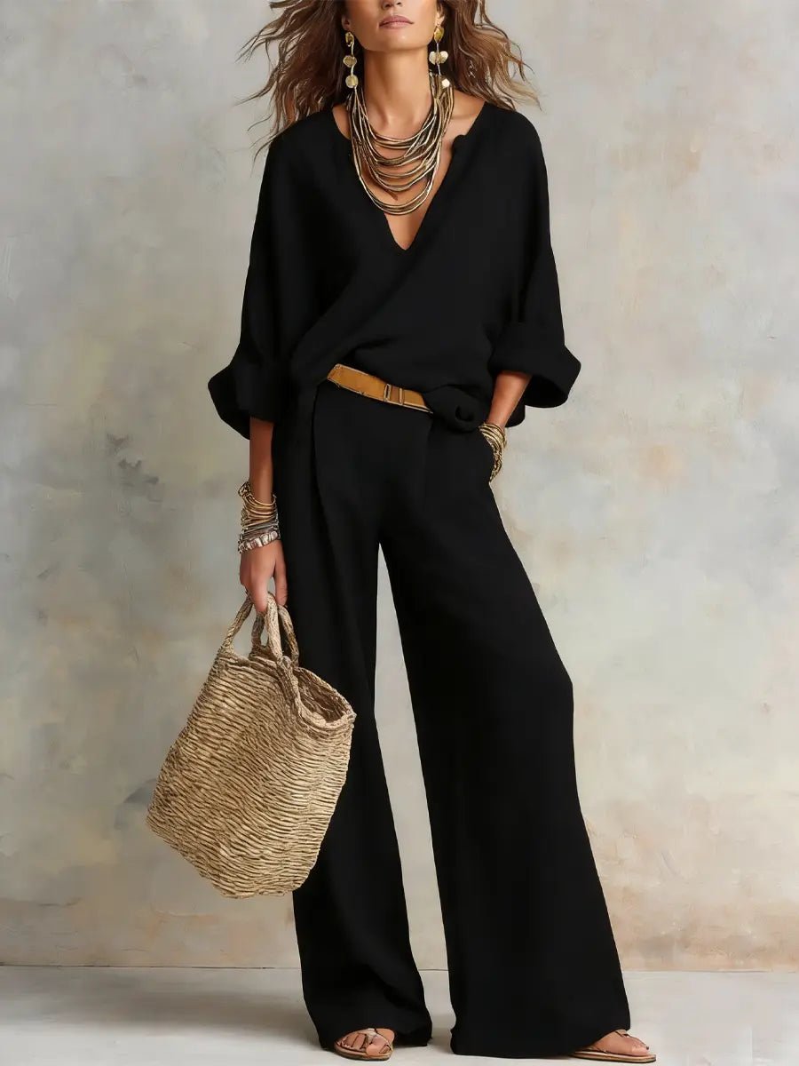 Women's Relaxed Linen-Look Wide Leg Pants V-Neck Two-Piece Set - Black