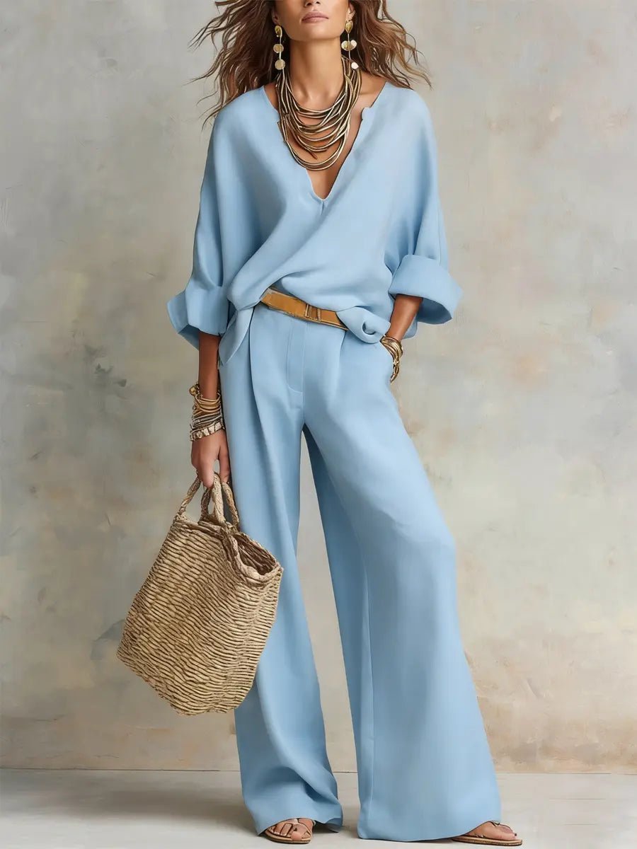 Women's Relaxed Linen-Look Wide Leg Pants V-Neck Two-Piece Set - Blue