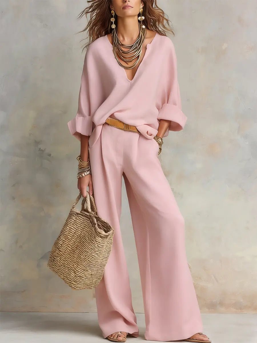 Women's Relaxed Linen-Look Wide Leg Pants V-Neck Two-Piece Set - Pink