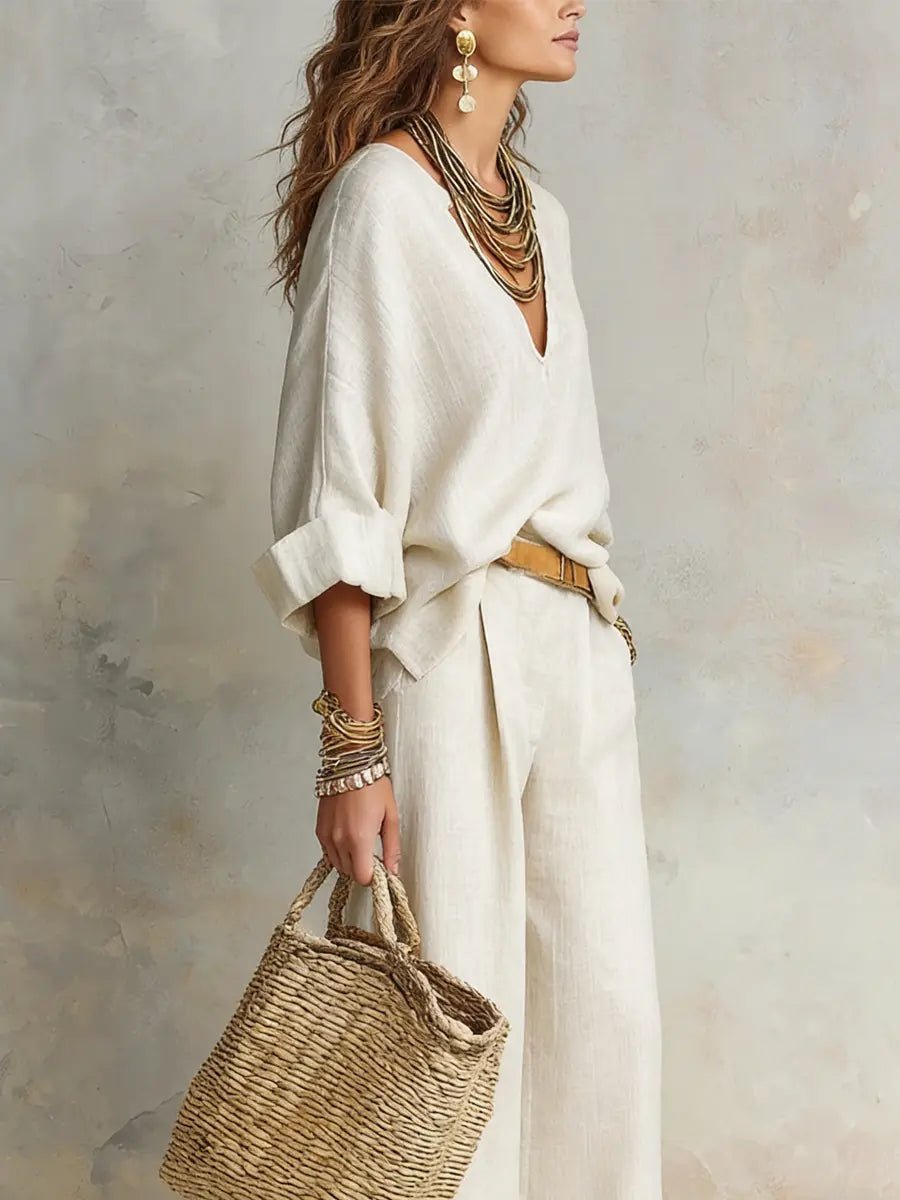 Women's Relaxed Linen-Look Wide Leg Pants V-Neck Two-Piece Set