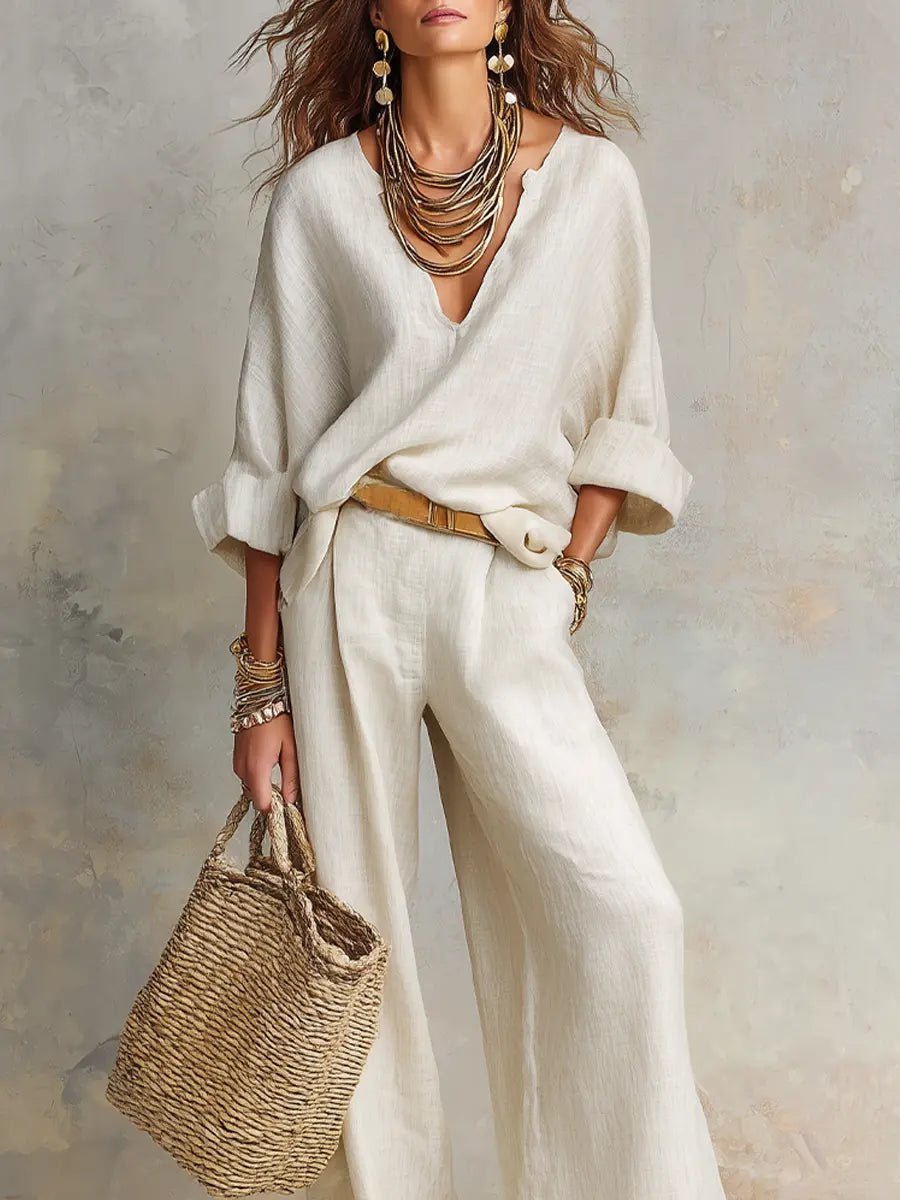 Women's Relaxed Linen-Look Wide Leg Pants V-Neck Two-Piece Set