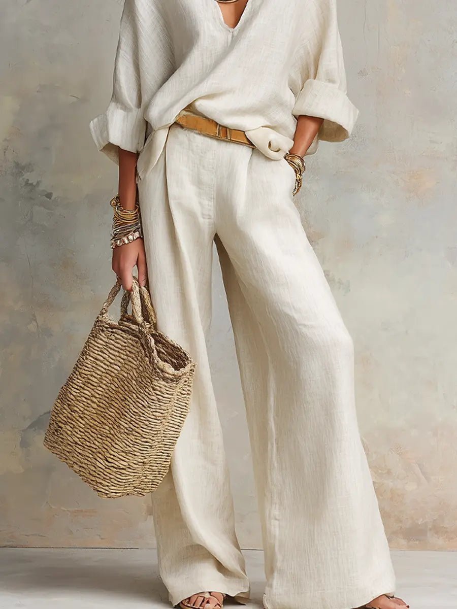 Women's Relaxed Linen-Look Wide Leg Pants V-Neck Two-Piece Set