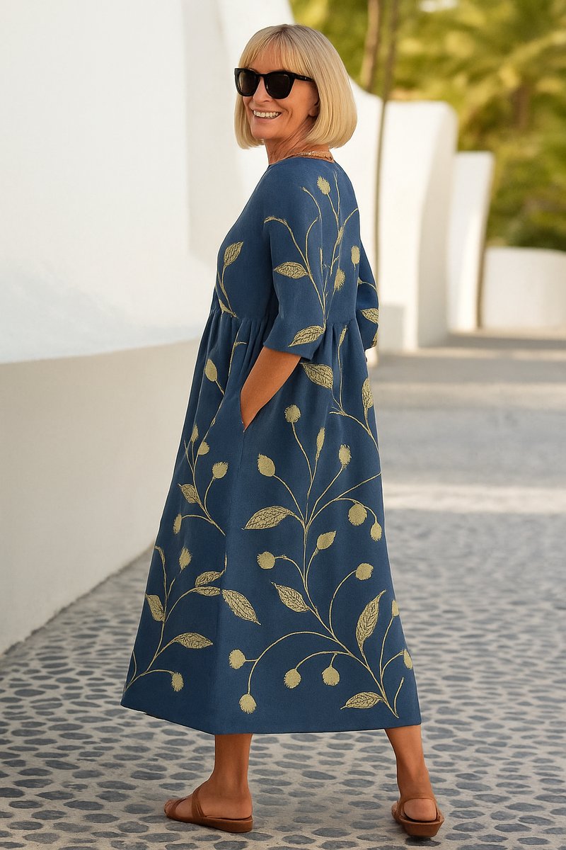 Women's Relaxed Midi Floral Summer Dress Half-Sleeve Empire Waist