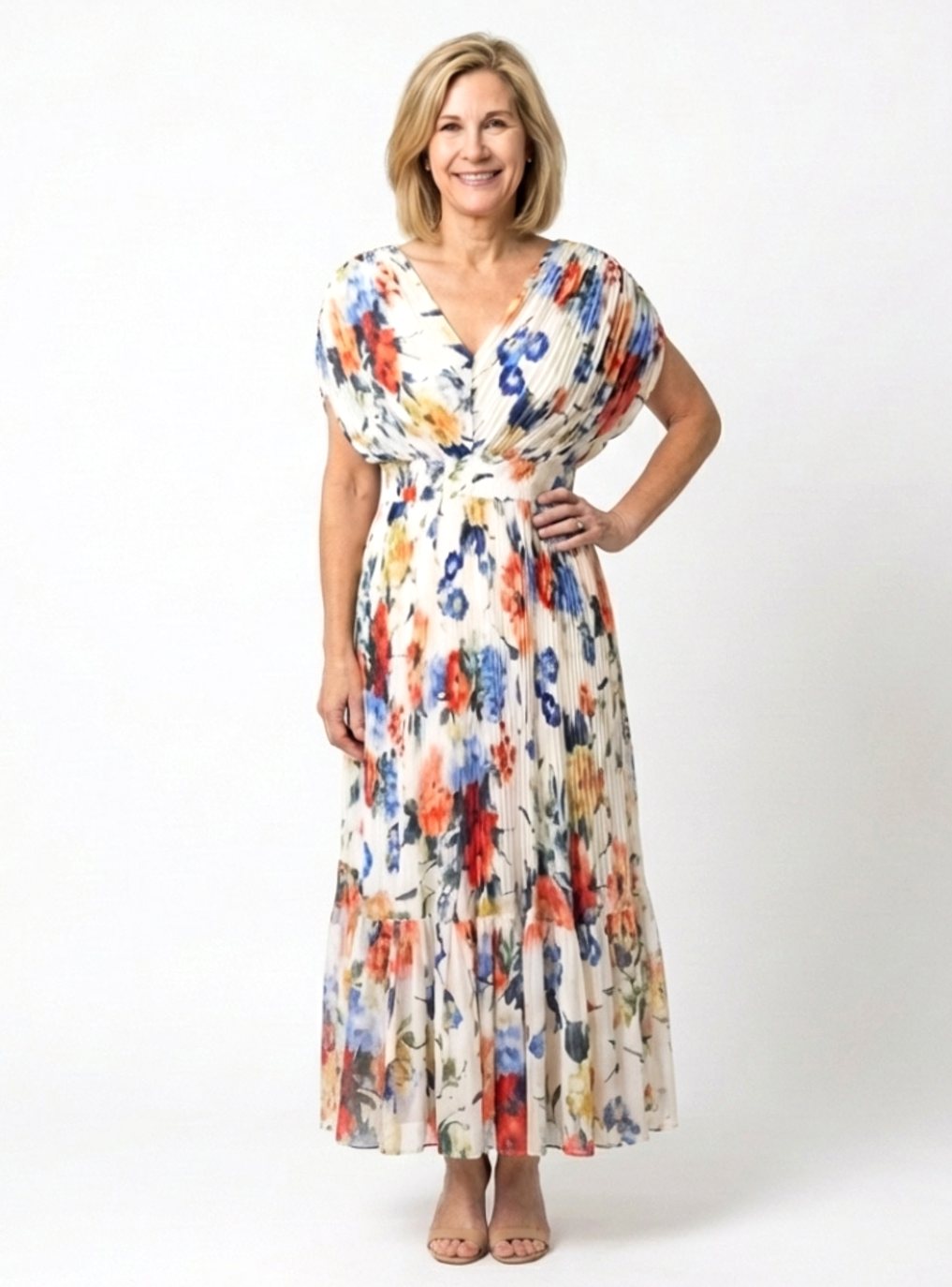 Women's Relaxed Pleated Floral Midi Spring Dress V-Neck - Multicolor
