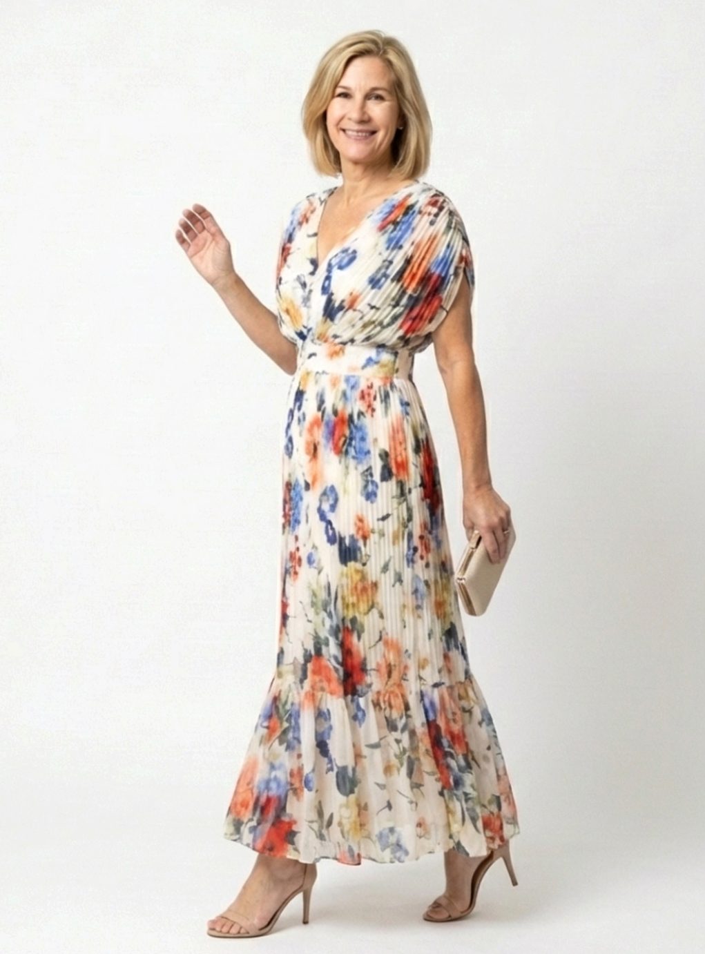 Women's Relaxed Pleated Floral Midi Spring Dress V-Neck
