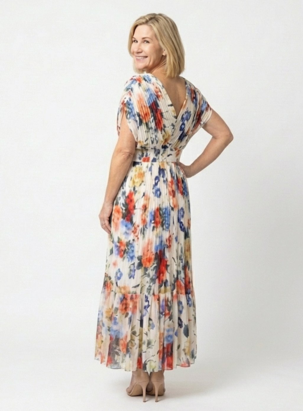 Women's Relaxed Pleated Floral Midi Spring Dress V-Neck