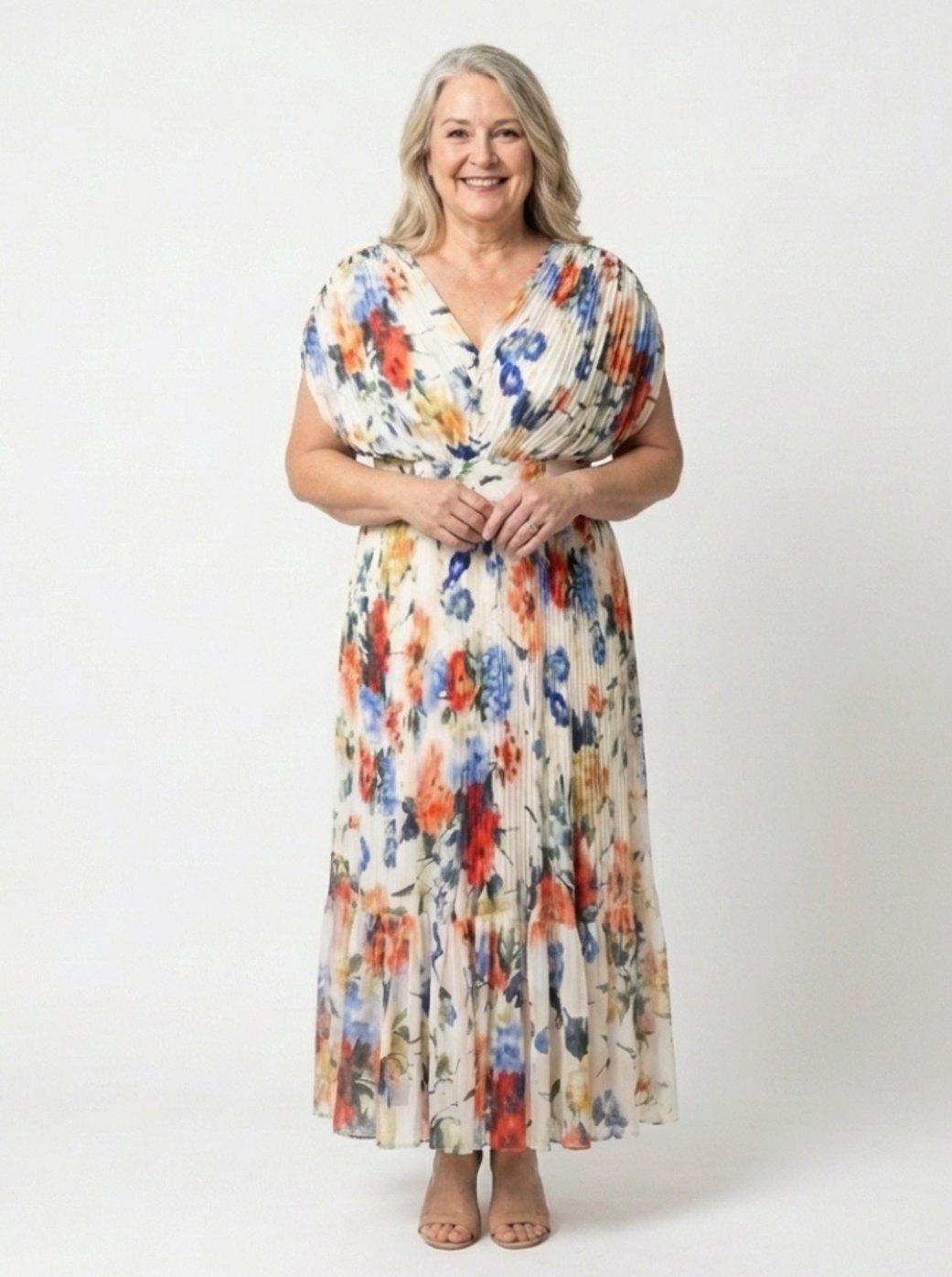 Women's Relaxed Pleated Floral Midi Spring Dress V-Neck