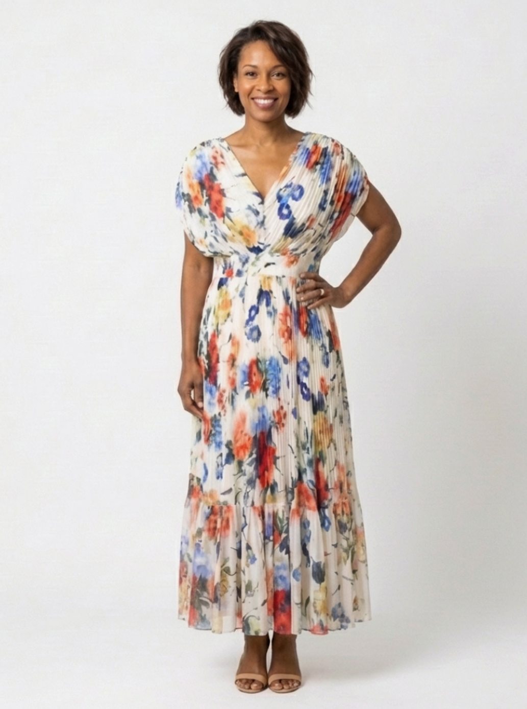 Women's Relaxed Pleated Floral Midi Spring Dress V-Neck