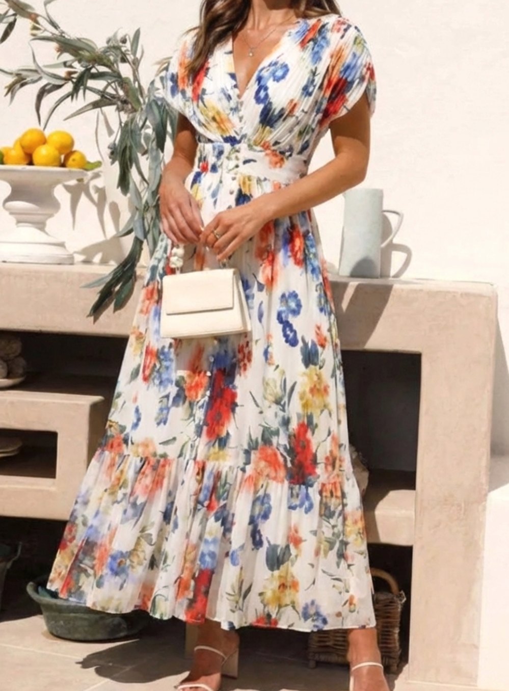 Women's Relaxed Pleated Floral Midi Spring Dress V-Neck