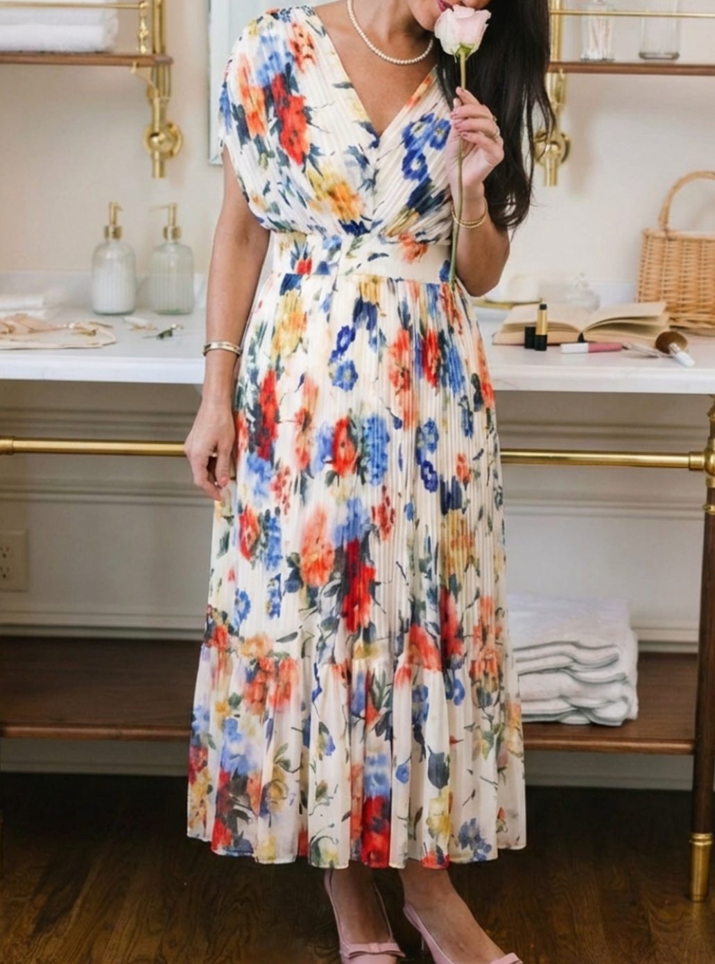 Women's Relaxed Pleated Floral Midi Spring Dress V-Neck