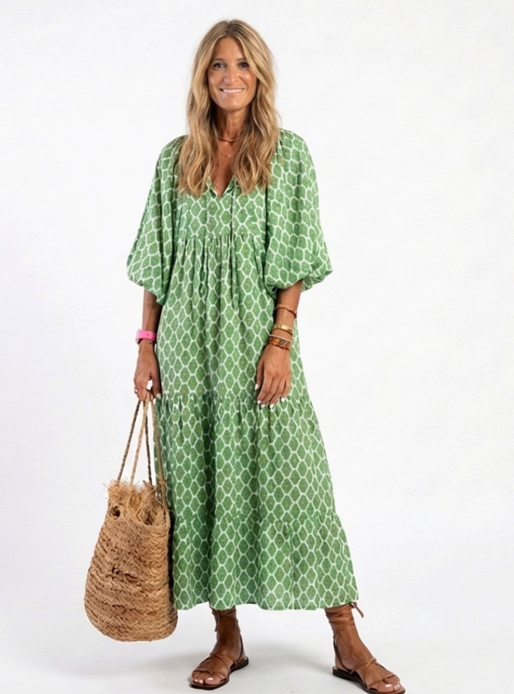 Women's Relaxed Tiered V-Neck Three-Quarter Sleeve Spring Dress - Green