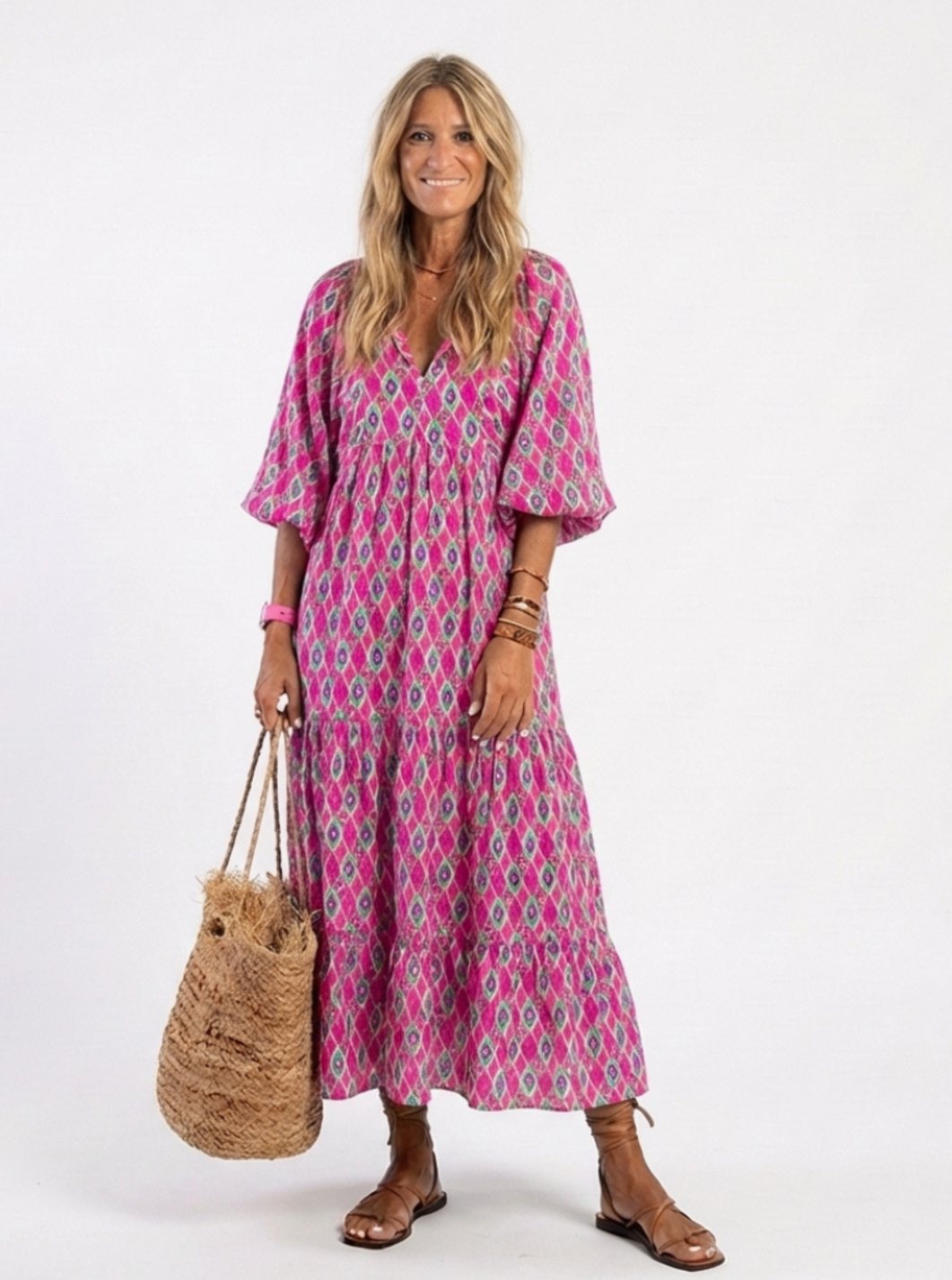 Women's Relaxed Tiered V-Neck Three-Quarter Sleeve Spring Dress - Purple