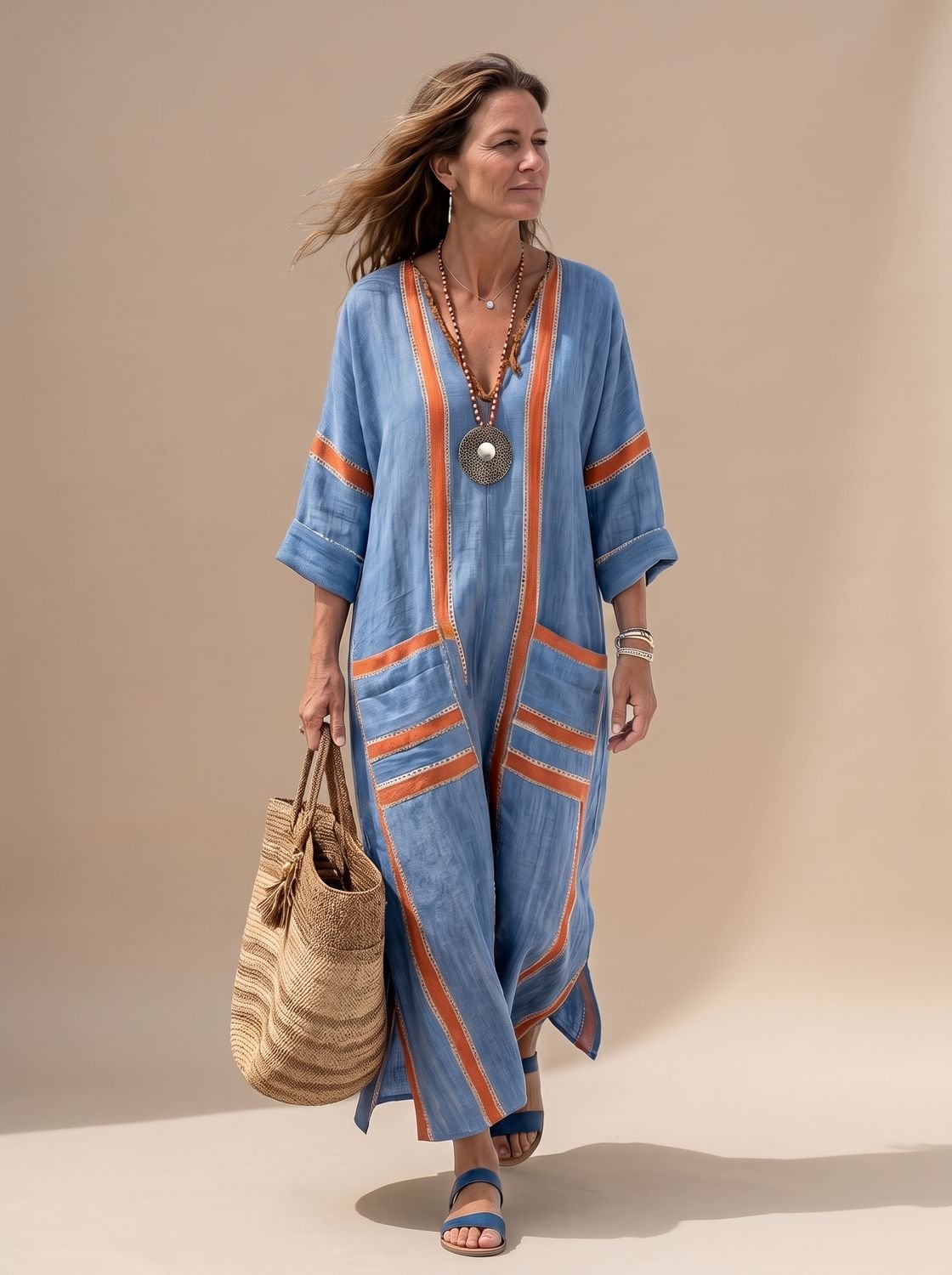Women's Relaxed V-Neck Contrast-Trim Midi Kaftan Dress - Blue