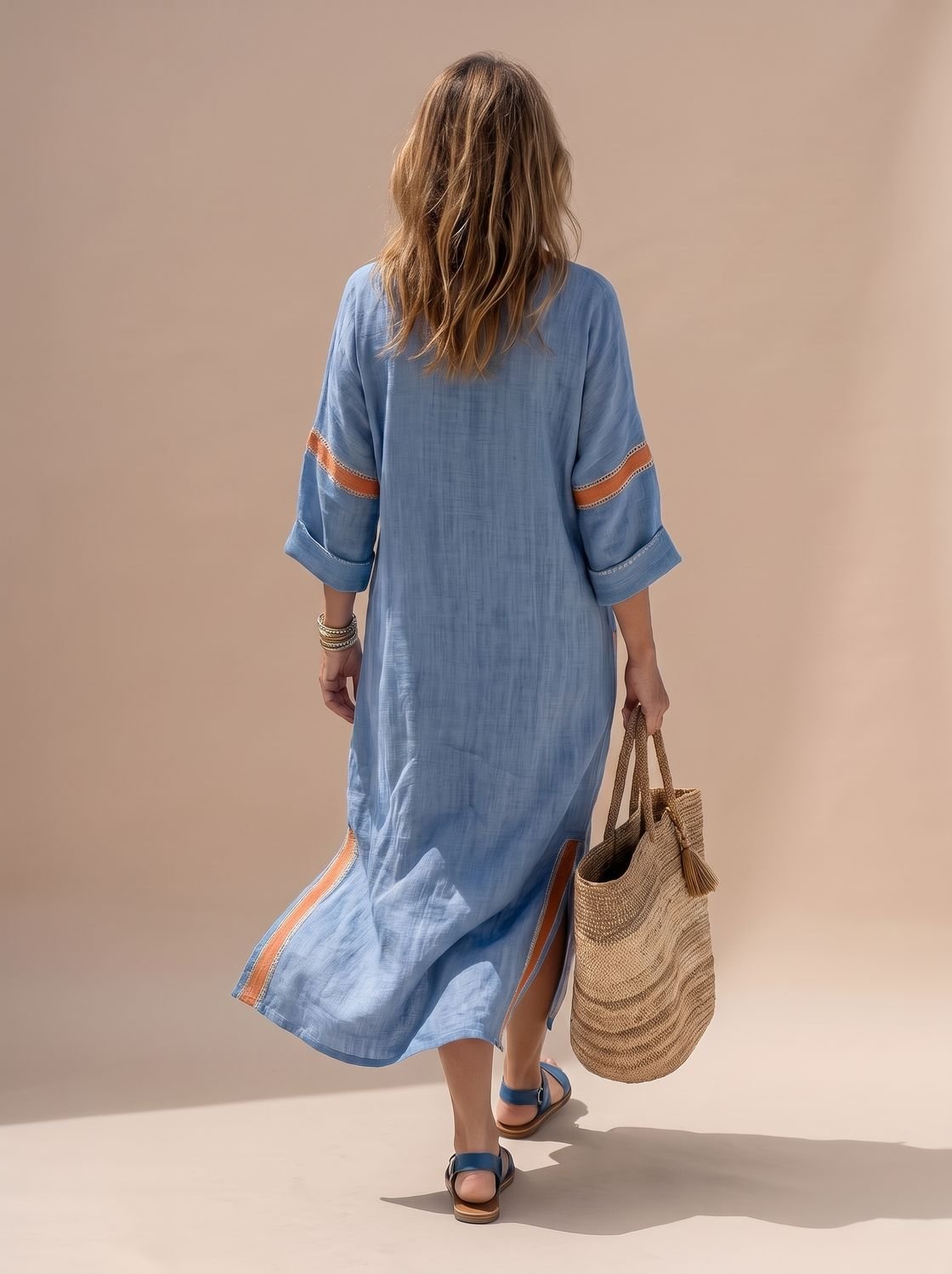 Women's Relaxed V-Neck Contrast-Trim Midi Kaftan Dress