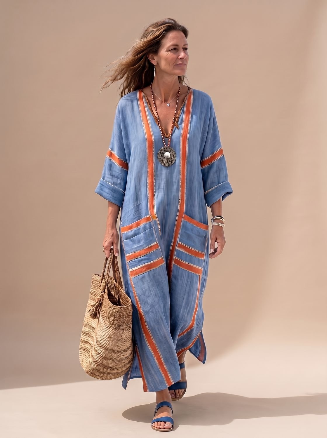 Women's Relaxed V-Neck Contrast-Trim Midi Kaftan Dress