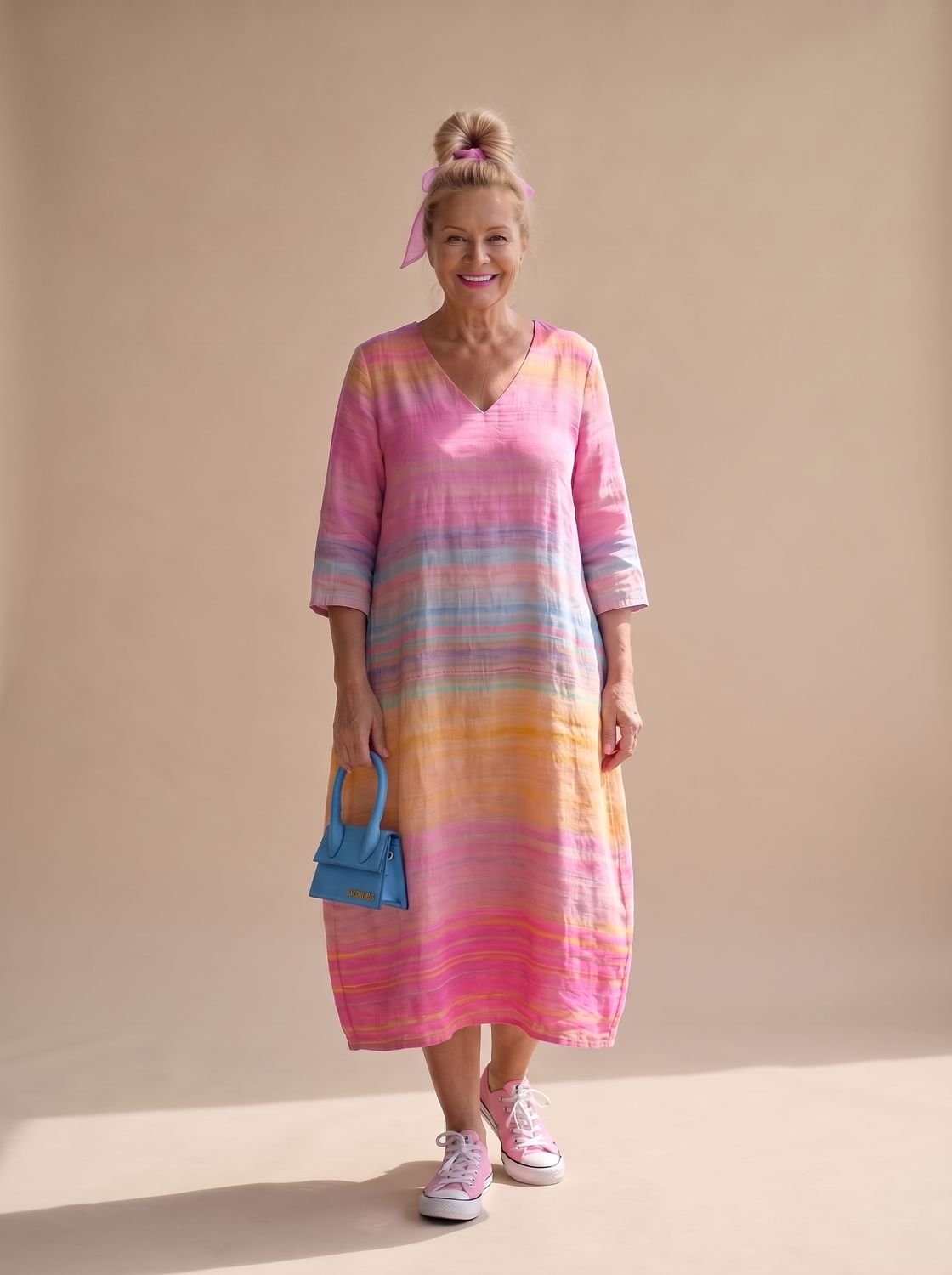 Women's Relaxed V-Neck Gradient Stripe Midi Dress - Pink