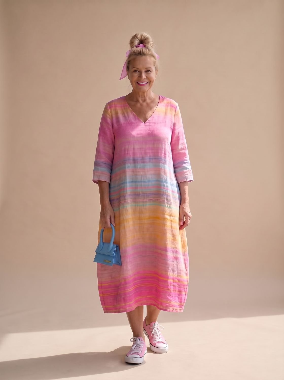 Women's Relaxed V-Neck Gradient Stripe Midi Dress